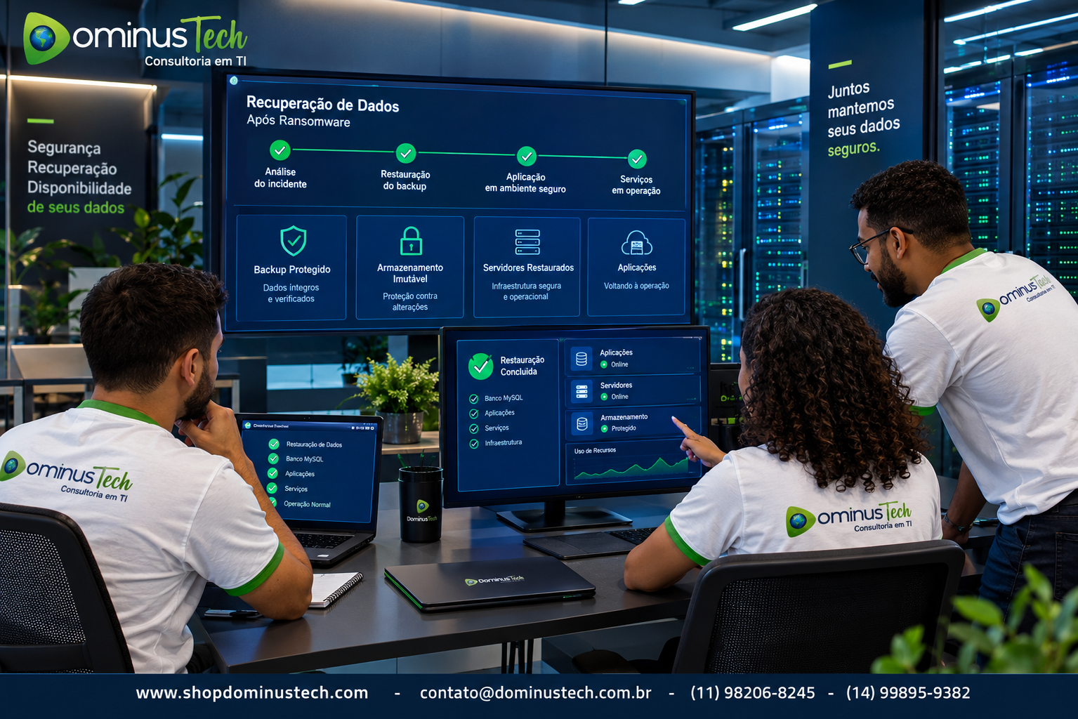 Equipe da Dominus Tech acompanhando a recuperação de dados após ransomware, com servidores restaurados, backup protegido, armazenamento imutável e aplicações retornando à operação.
