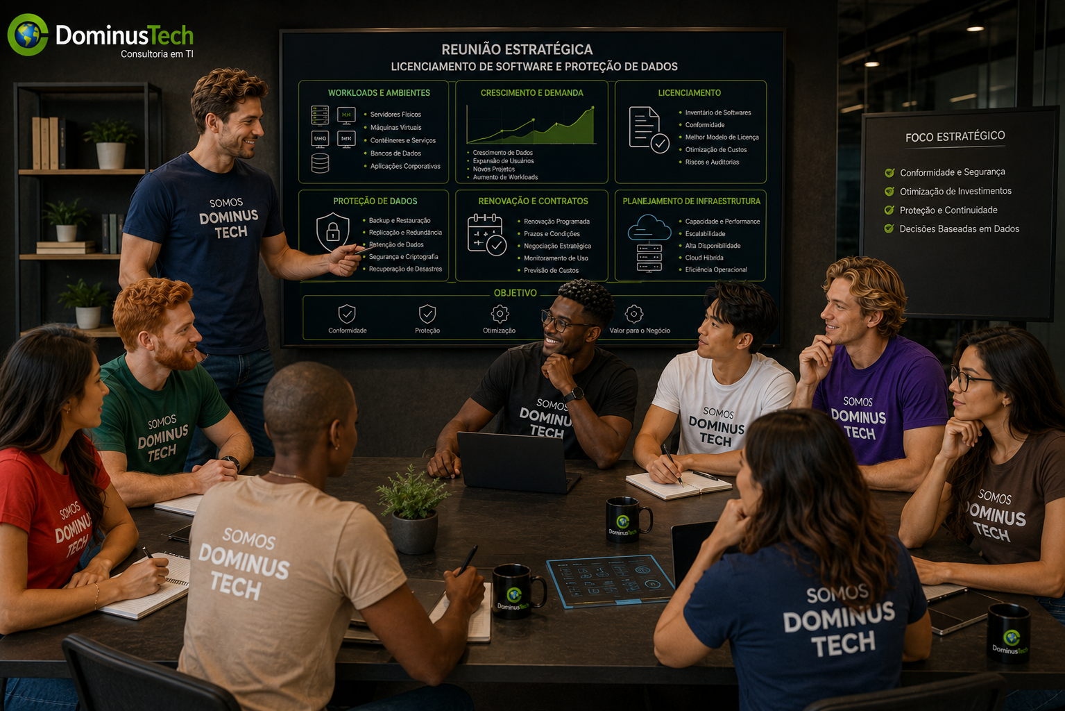 Profissionais da Dominus Tech em reunião estratégica sobre licenciamento de software, proteção de dados, workloads, crescimento, renovação e planejamento de infraestrutura.