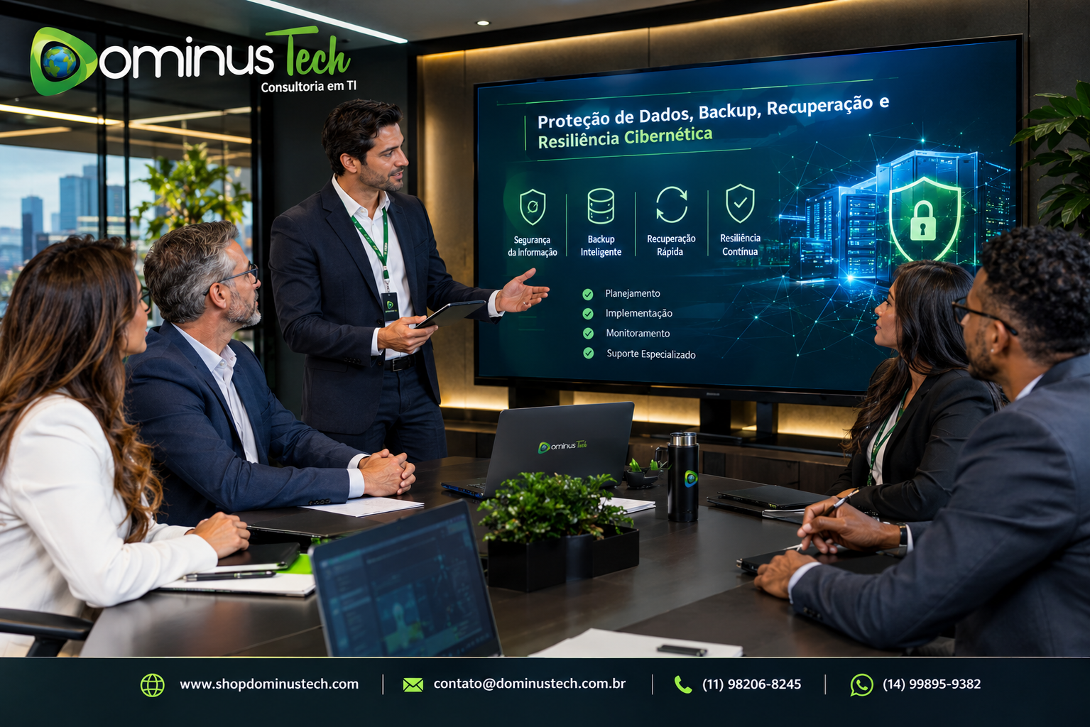Equipe da Dominus Tech em reunião estratégica com cliente empresarial sobre proteção de dados, backup, recuperação e resiliência cibernética.