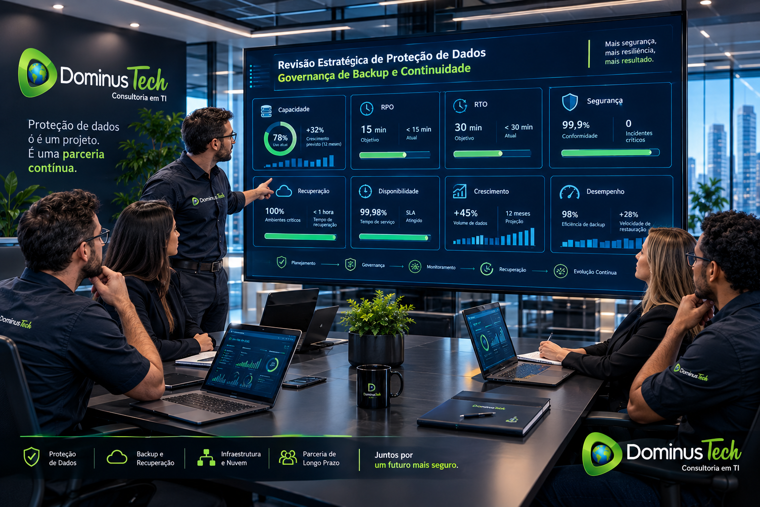 Equipe da Dominus Tech em reunião estratégica analisando dashboards de proteção de dados, capacidade, RPO, RTO, segurança, recuperação e crescimento. Veeam Parceiro