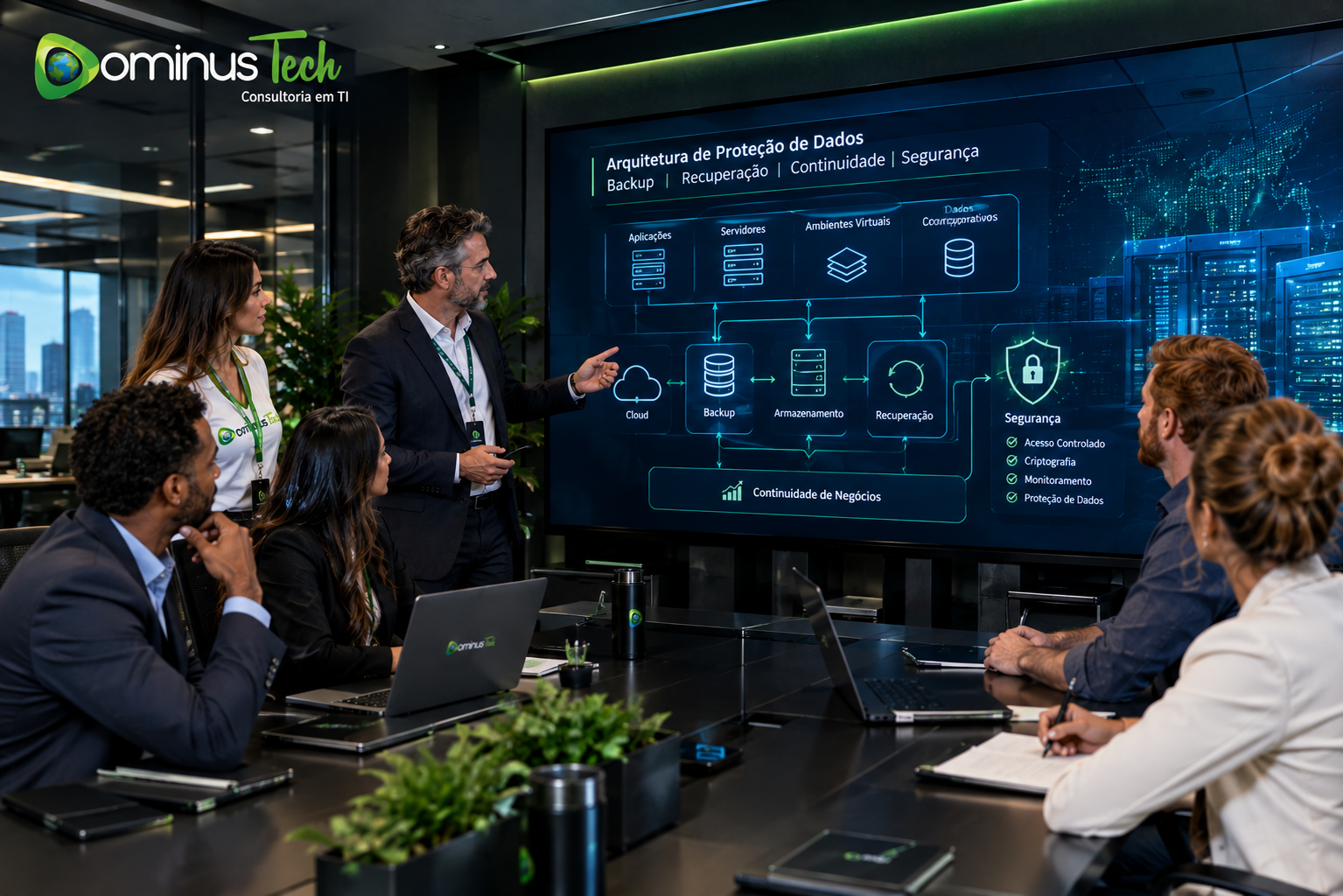 Equipe da Dominus Tech em reunião técnica com executivos analisando arquitetura corporativa de proteção de dados, backup, recuperação e segurança.
