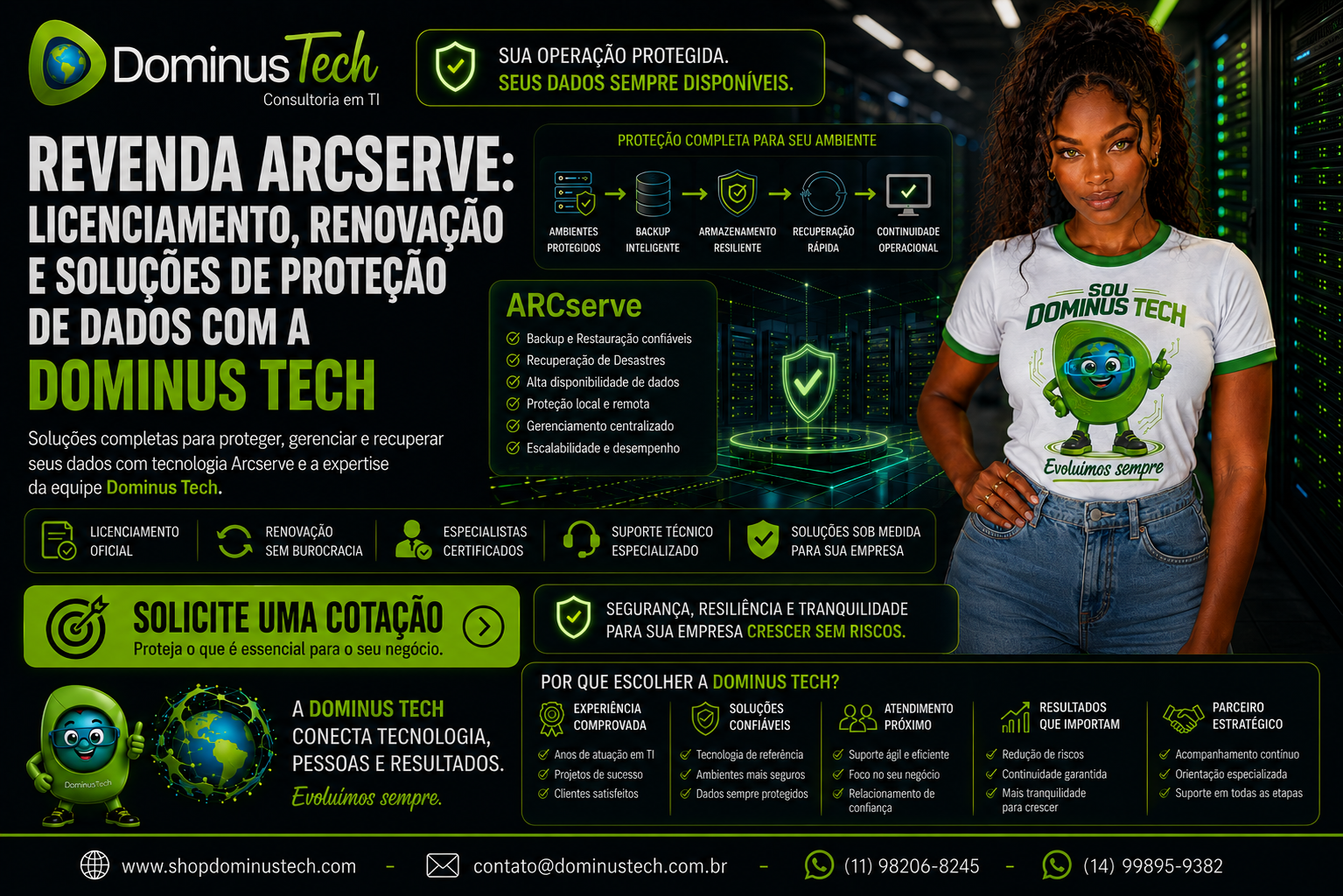 Revenda Arcserve com licenciamento, renovação e soluções de proteção de dados oferecidas pela Dominus Tech, com ambiente tecnológico, backup, armazenamento resiliente e recuperação.