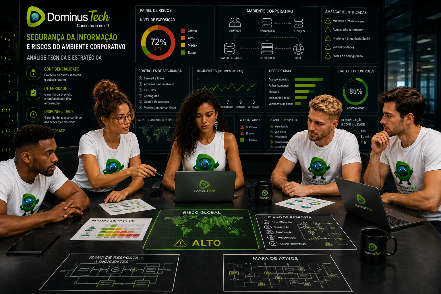 Equipe técnica da Dominus Tech analisando segurança da informação, riscos, controles e continuidade de um ambiente corporativo.