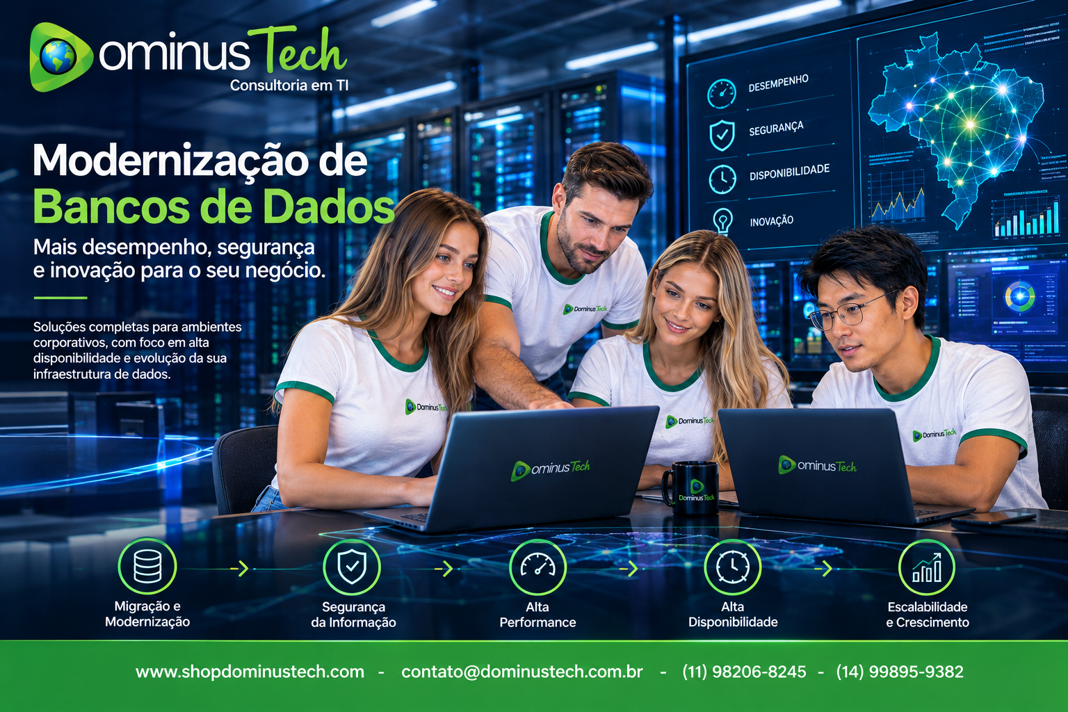 Equipe Dominus Tech analisando a modernização de bancos de dados e a infraestrutura corporativa, com servidores, fluxos de dados, segurança, desempenho e alta disponibilidade.
