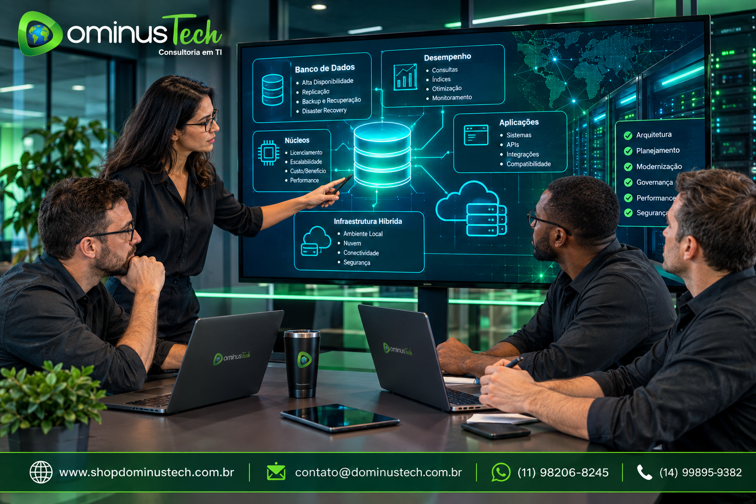 Arquitetos de dados e DBAs da Dominus Tech analisando banco de dados, alta disponibilidade, desempenho, aplicações, núcleos de processamento e infraestrutura híbrida