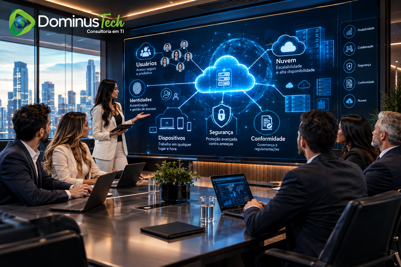 Equipe Dominus Tech em reunião executiva analisando arquitetura digital corporativa com usuários, identidades, dispositivos, segurança, conformidade e nuvem