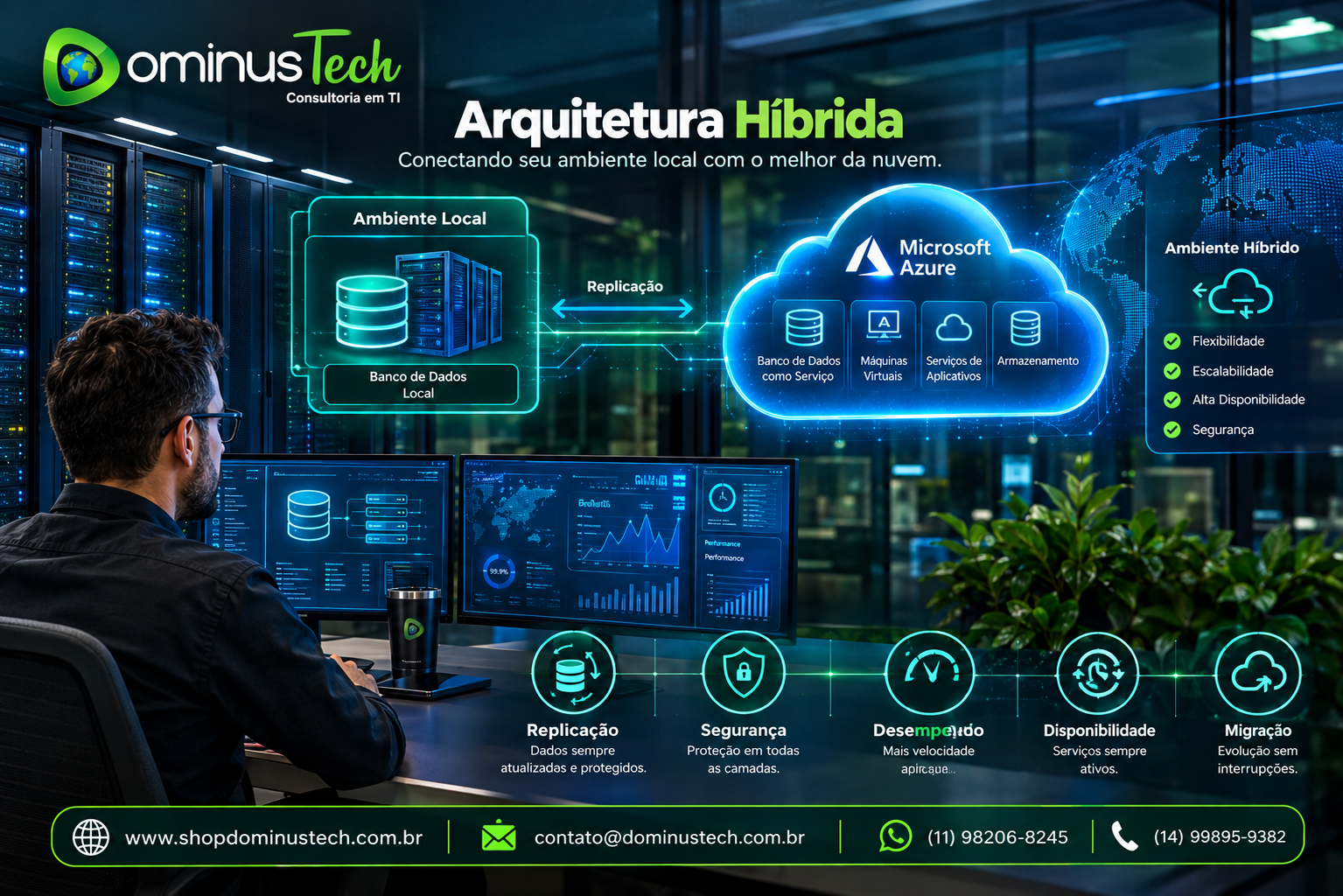 Arquitetura híbrida da Dominus Tech conectando banco de dados local a serviços Azure, com replicação, segurança, desempenho, alta disponibilidade e migração