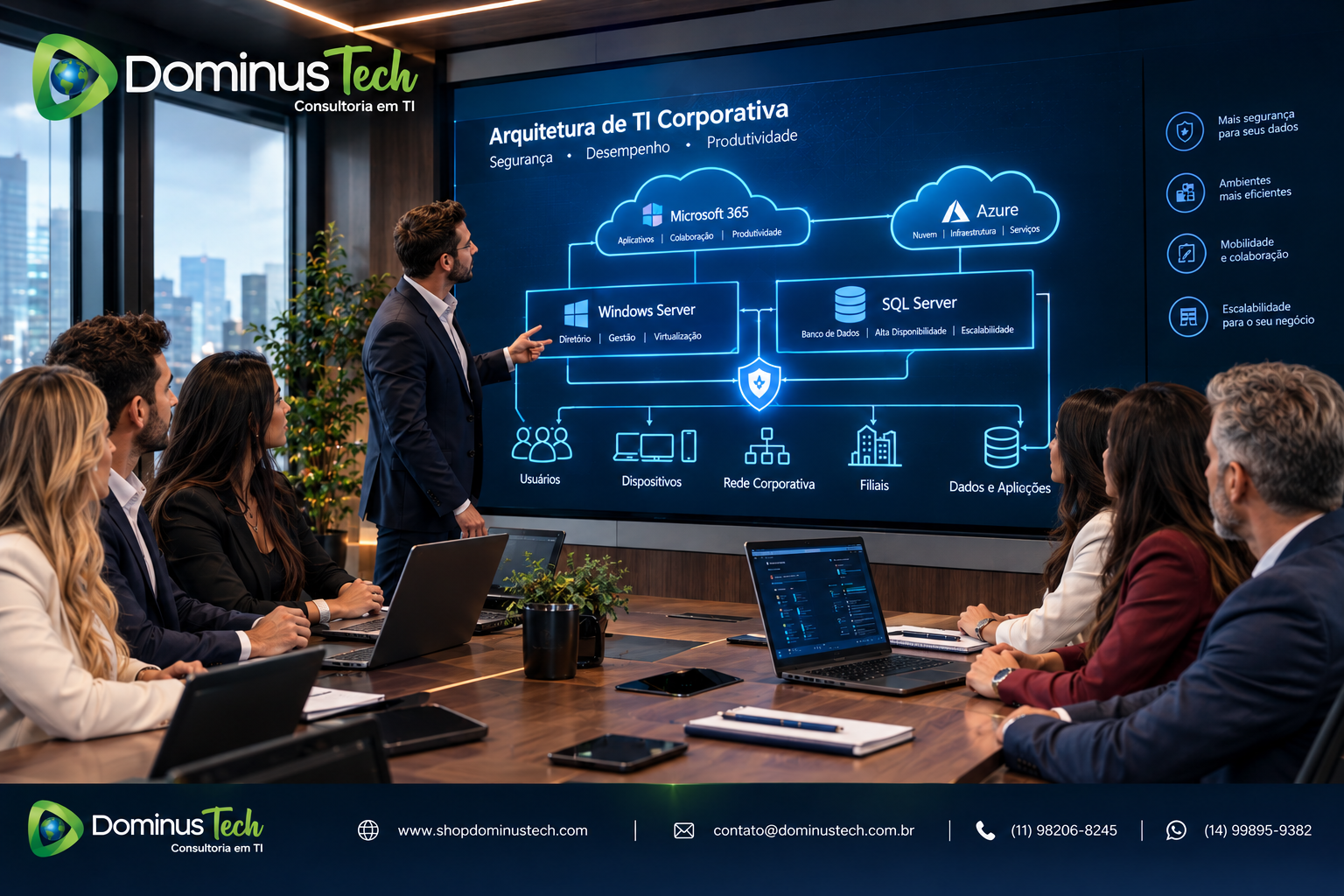 Equipe Dominus Tech em reunião executiva analisando arquitetura de TI corporativa com Microsoft 365, Azure, Windows Server e SQL Server