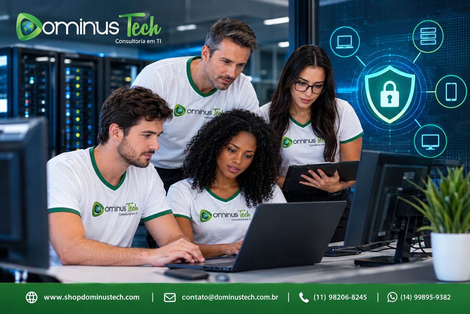 Equipe Dominus Tech avaliando a segurança empresarial, proteção de endpoints, servidores e dispositivos em ambiente corporativo