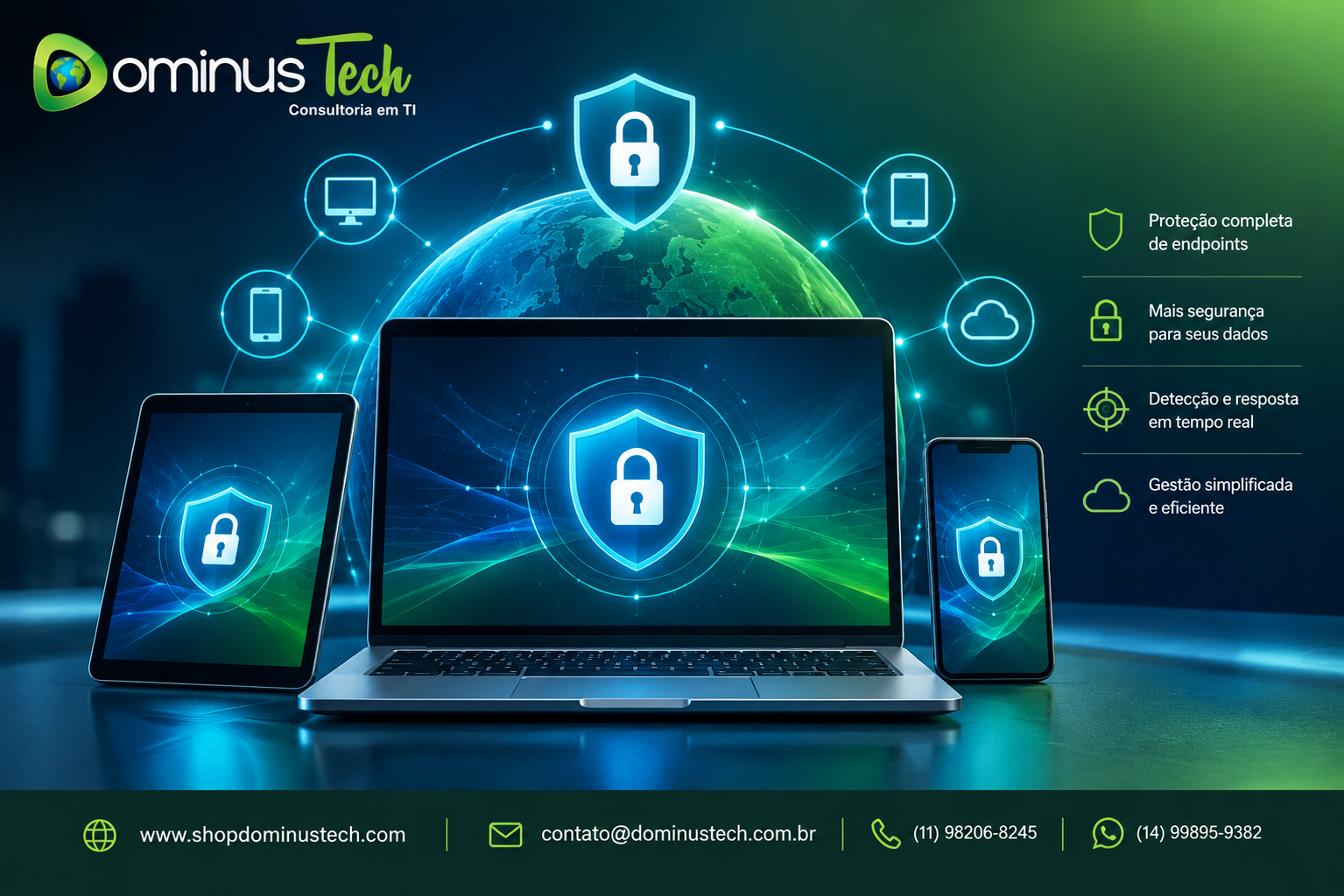 Proteção de computadores, celulares e tablets com escudos digitais e conexões seguras — Dominus Tech
