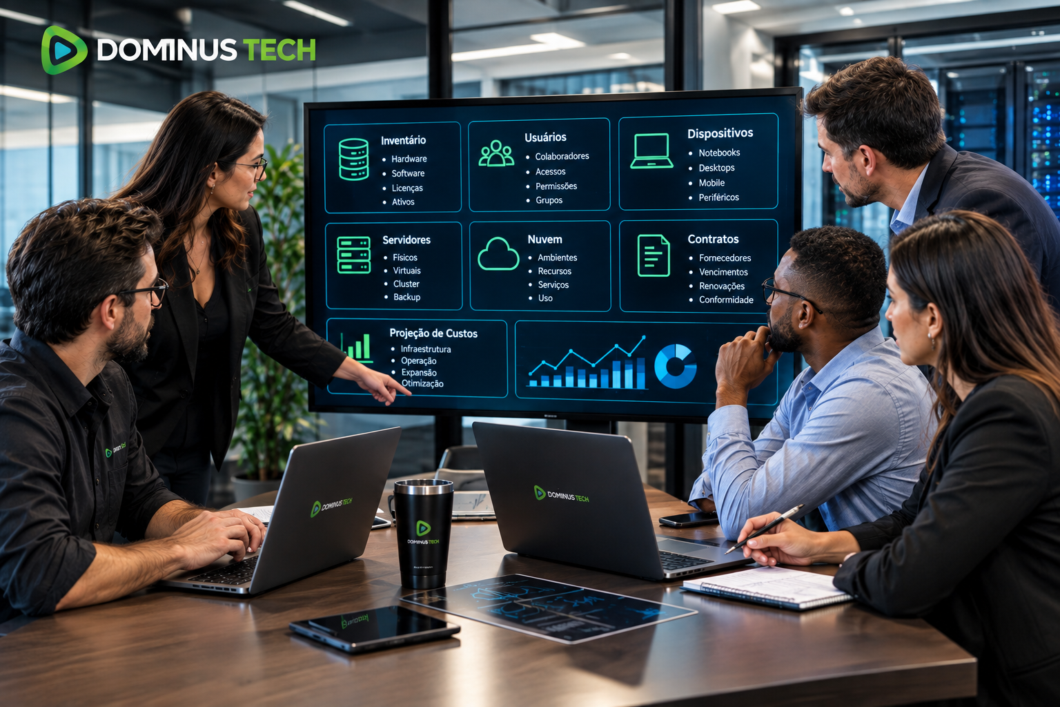 Consultores e gestores de TI da Dominus Tech analisando inventário, usuários, dispositivos, servidores, ambientes em nuvem, contratos e projeção de custos