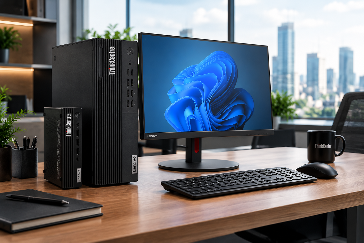 Computador desktop corporativo em formato torre ao lado de um computador compacto, com monitor, teclado e mouse sobre uma mesa em um escritório moderno.