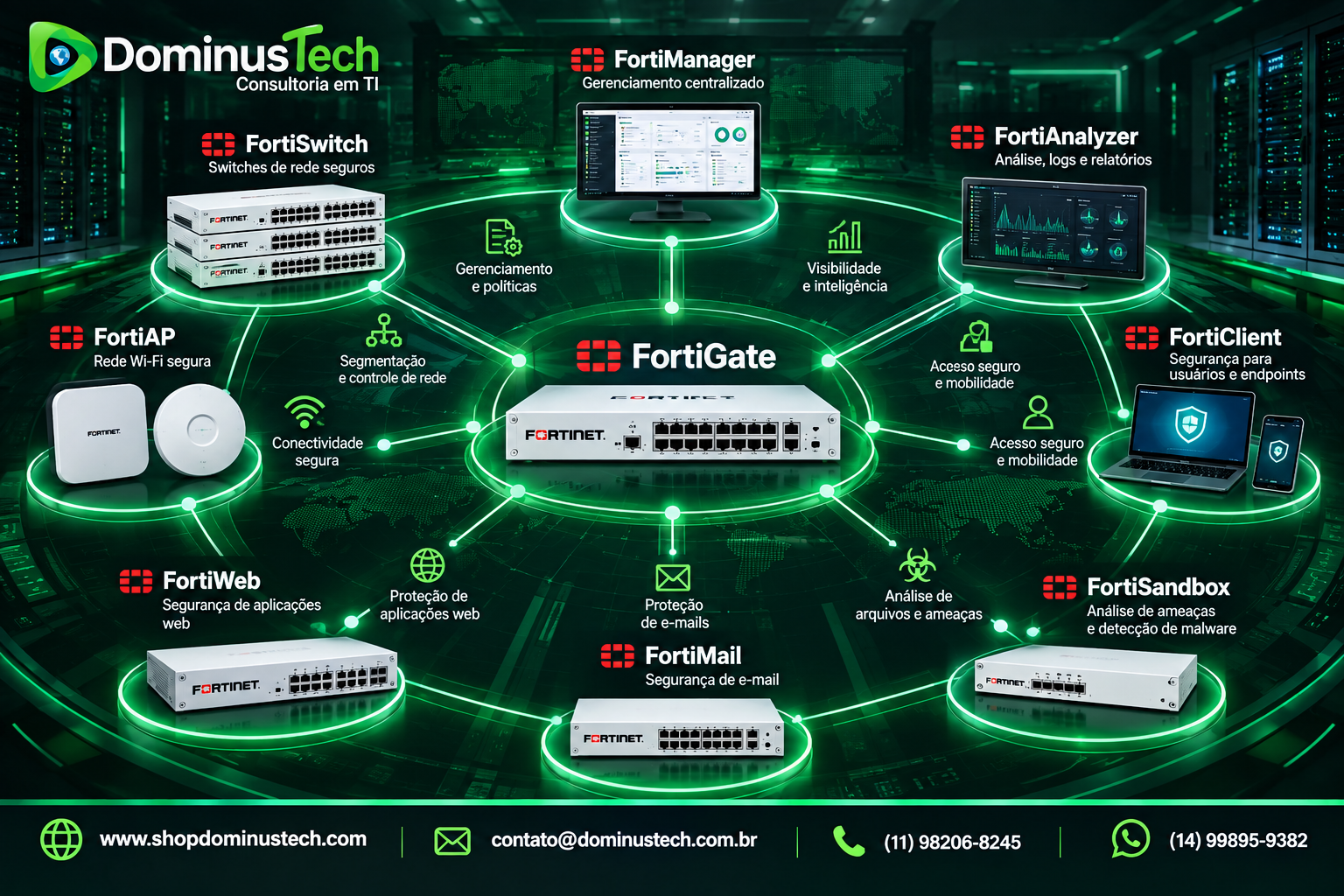 Ecossistema Fortinet Security Fabric com FortiGate, FortiSwitch, FortiAP, FortiManager, FortiAnalyzer, FortiClient, FortiWeb, FortiMail e FortiSandbox integrados para segurança de ambientes corporativos