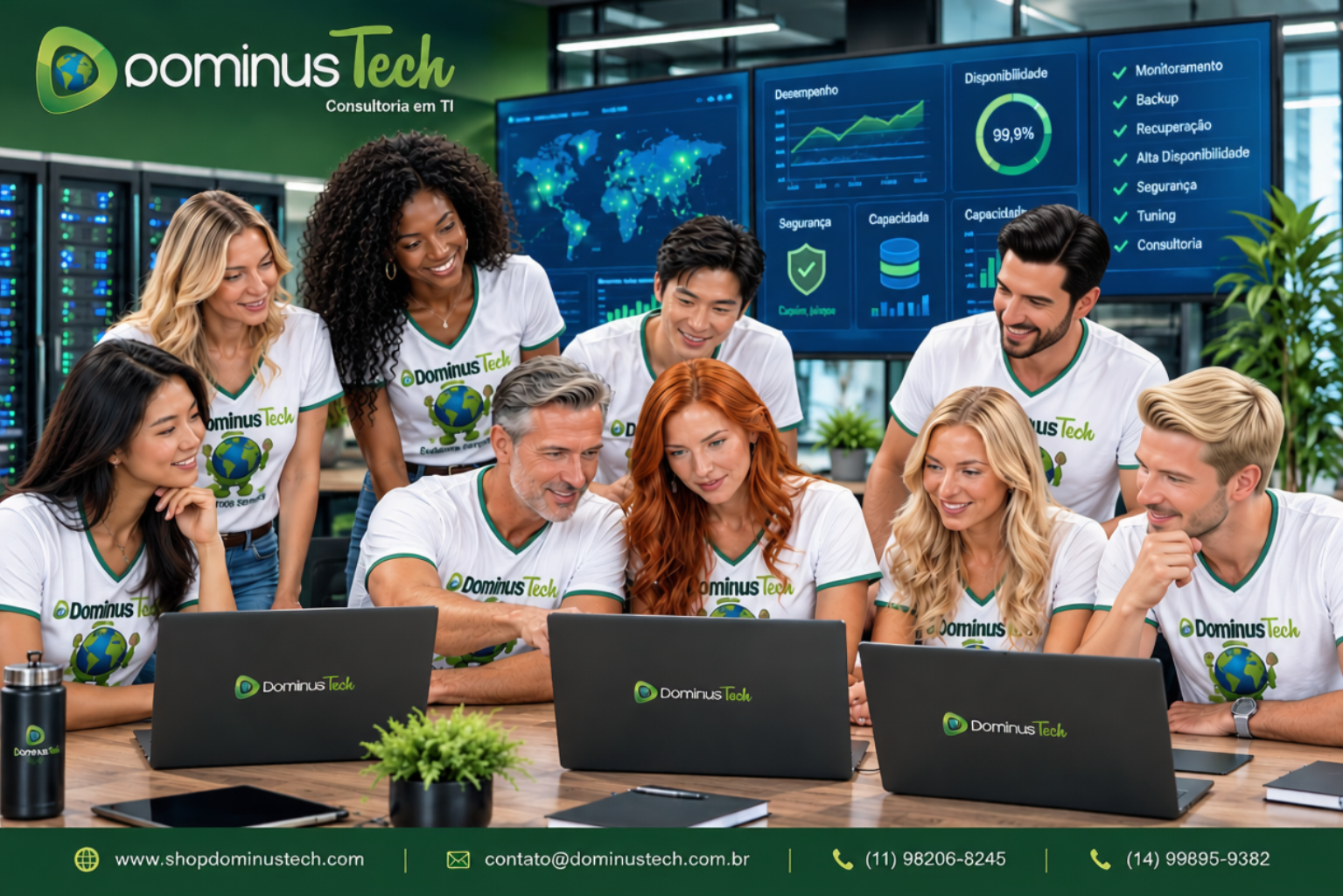 Equipe Dominus Tech analisando painéis de desempenho, monitoramento e arquitetura de infraestrutura.