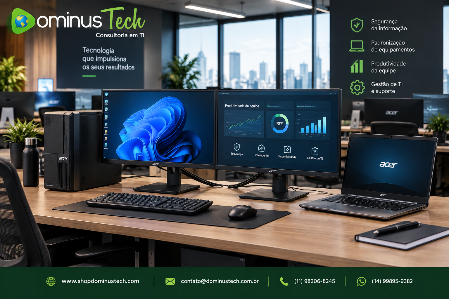 Estação de trabalho corporativa com desktop Acer Veriton, dois monitores Acer e notebook Acer organizados para produtividade e padronização do parque de TI