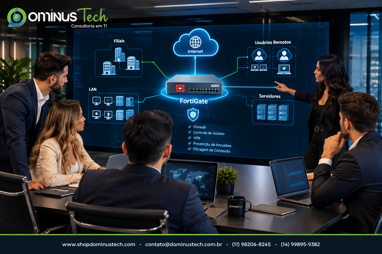 Equipe Dominus Tech analisando uma arquitetura de segurança de rede com firewall, conexões WAN e LAN, filiais, usuários remotos, servidores e internet
