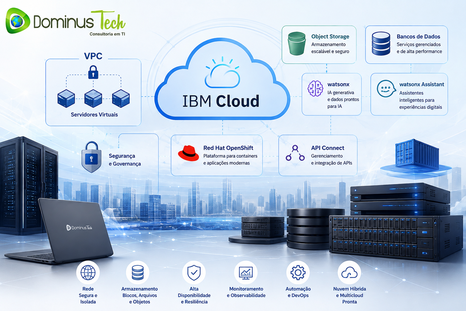 IBM Cloud para infraestrutura corporativa com VPC, armazenamento, bancos de dados, IA e Red Hat OpenShift
