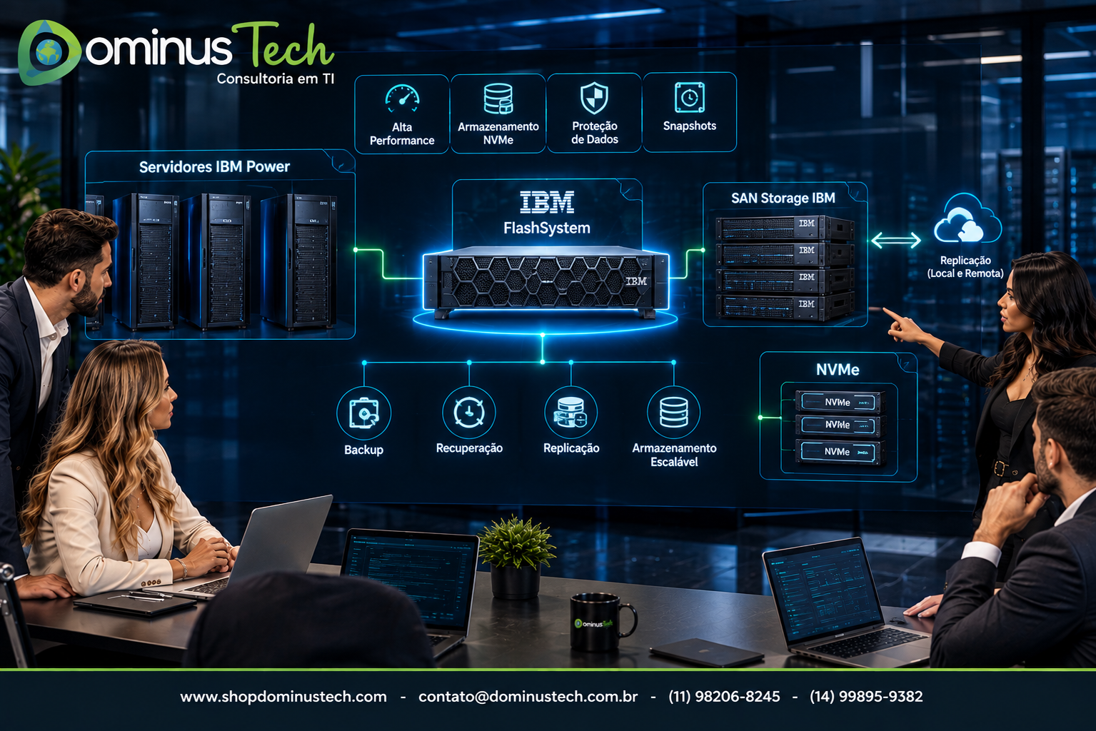 IBM FlashSystem conectado a servidores IBM Power em SAN Storage e arquitetura NVMe corporativa