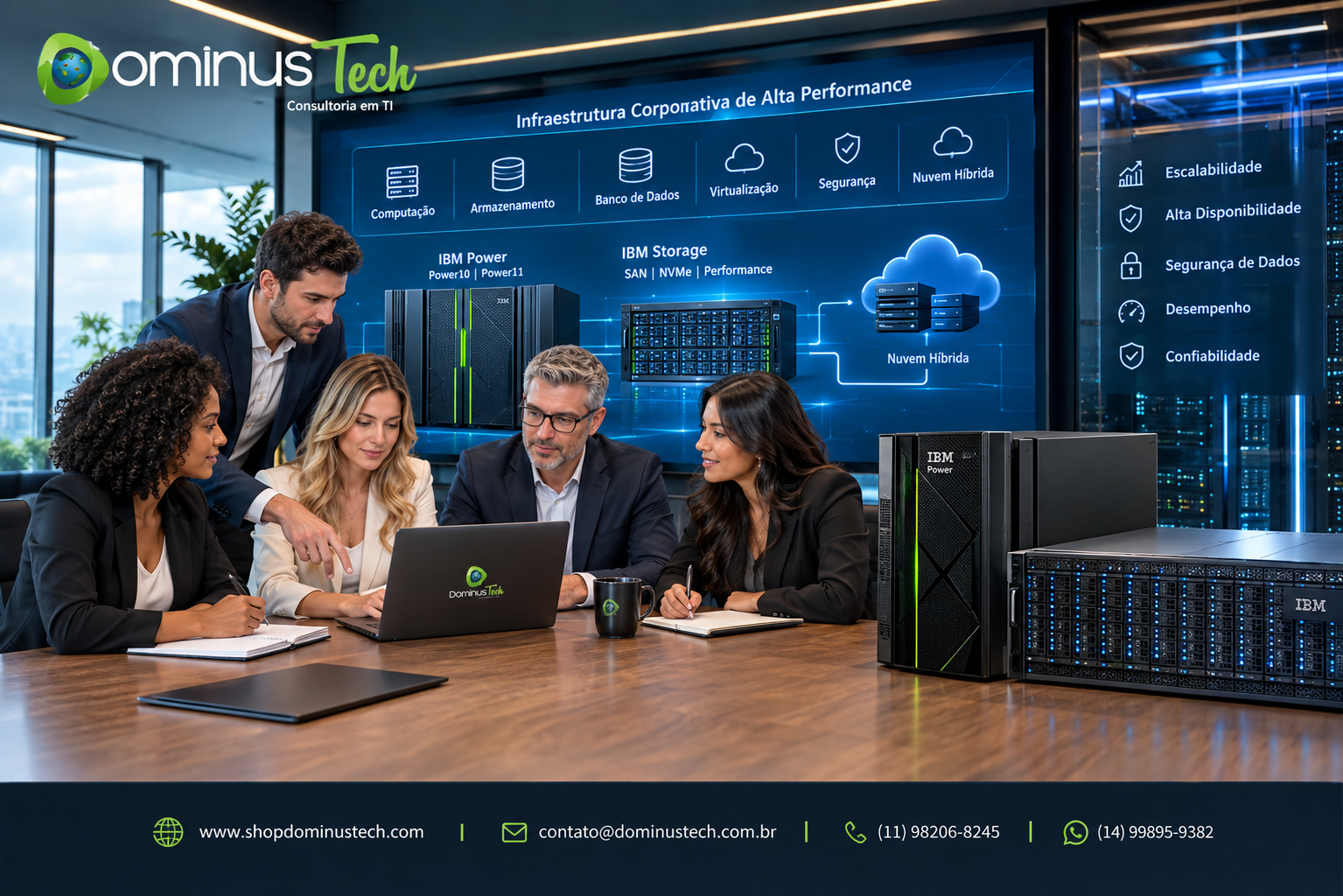 Equipe Dominus Tech analisando arquitetura IBM Power, IBM Storage, servidores Power10 e Power11 e storage corporativo