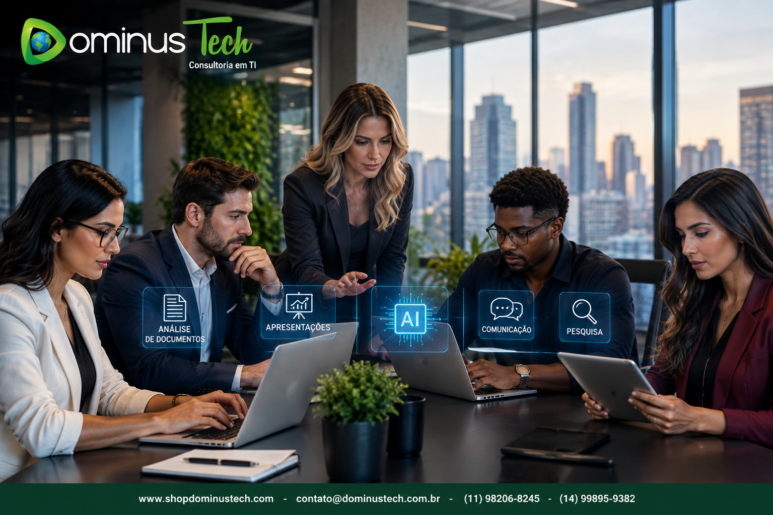 Equipe Dominus Tech utilizando inteligência artificial para análise de documentos, apresentações, comunicação, pesquisa e tarefas corporativas