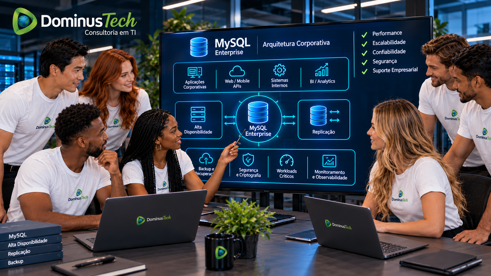 Equipe da Dominus Tech analisando uma arquitetura MySQL corporativa com banco de dados, replicação, alta disponibilidade, backup, segurança e workloads críticos