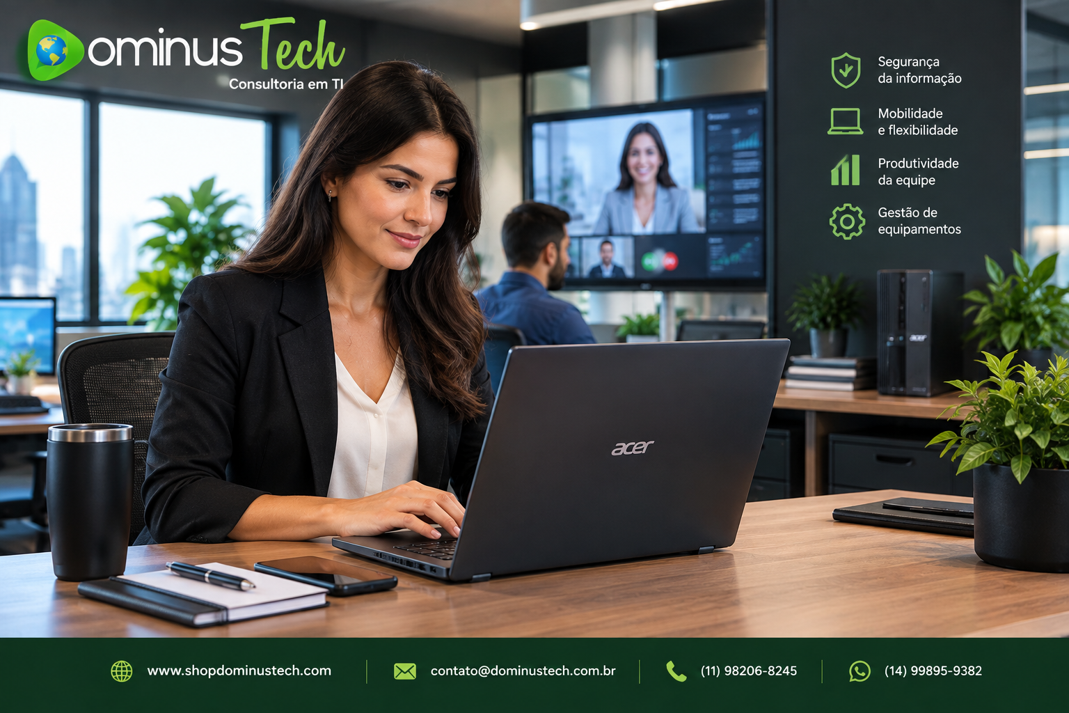 Notebook Acer TravelMate aberto em escritório corporativo com profissional trabalhando e reunião híbrida ao fundo