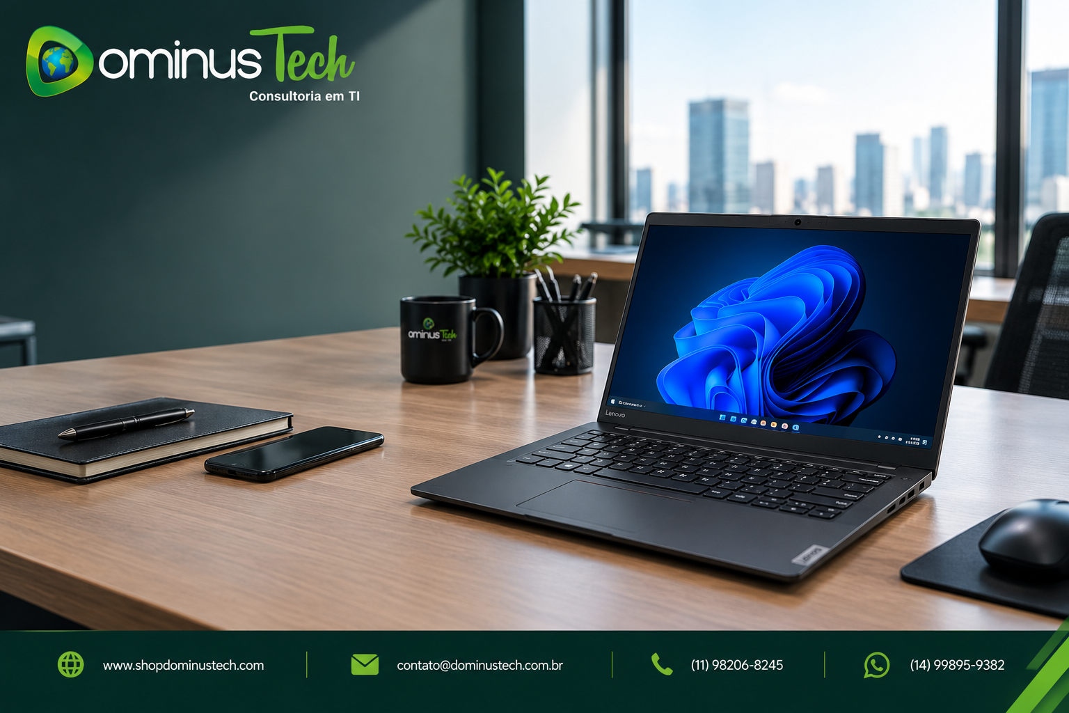 Notebook corporativo sobre uma mesa de escritório moderna, com teclado e tela em destaque, iluminação natural e espaço livre para título ou conteúdo institucional.