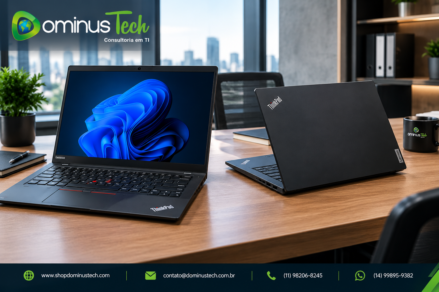 Dois notebooks corporativos pretos sobre uma mesa de escritório moderna, um aberto mostrando a tela e o teclado e outro posicionado de forma a destacar o acabamento externo.