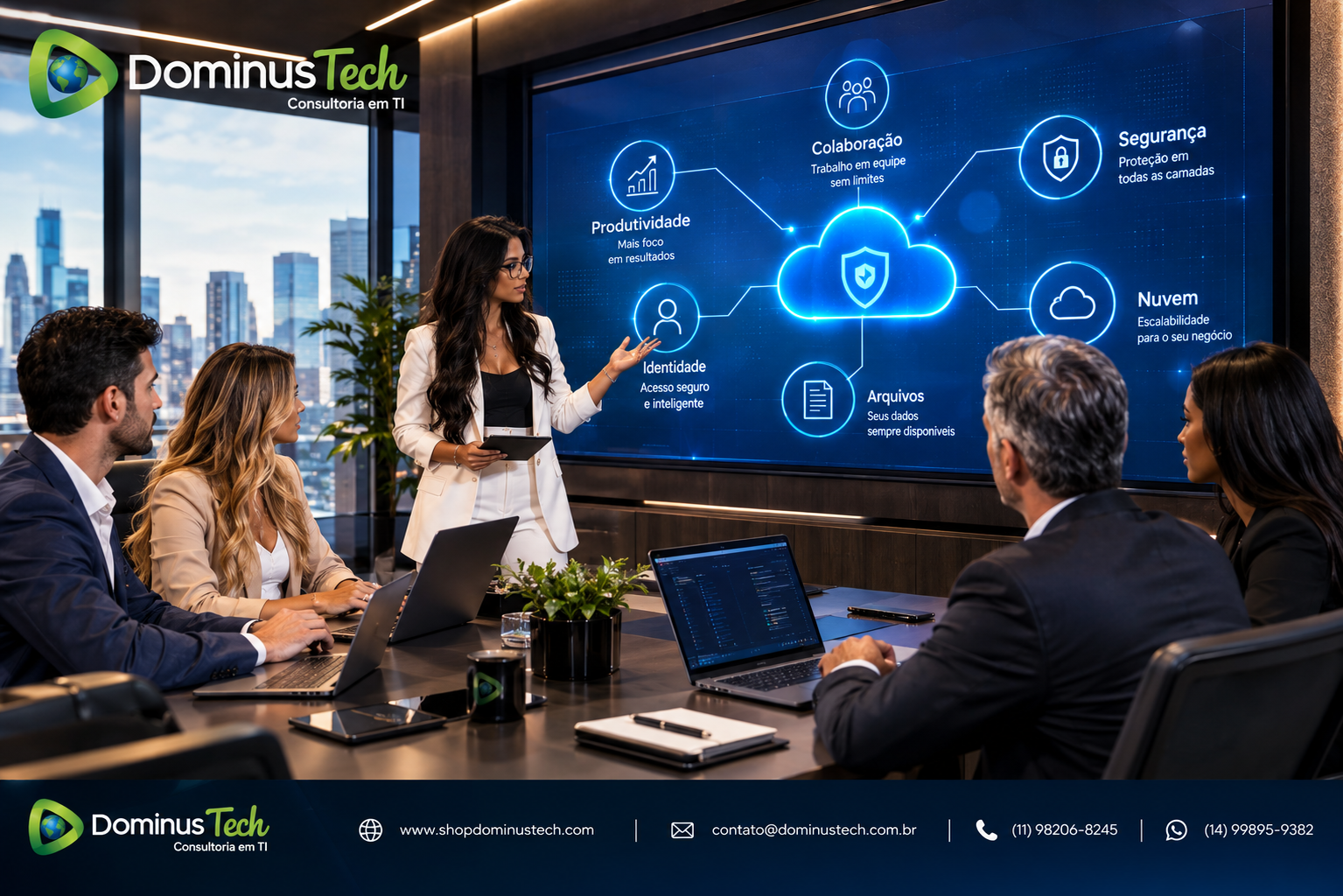 Equipe Dominus Tech em reunião corporativa analisando produtividade, identidade, colaboração, segurança, arquivos e nuvem