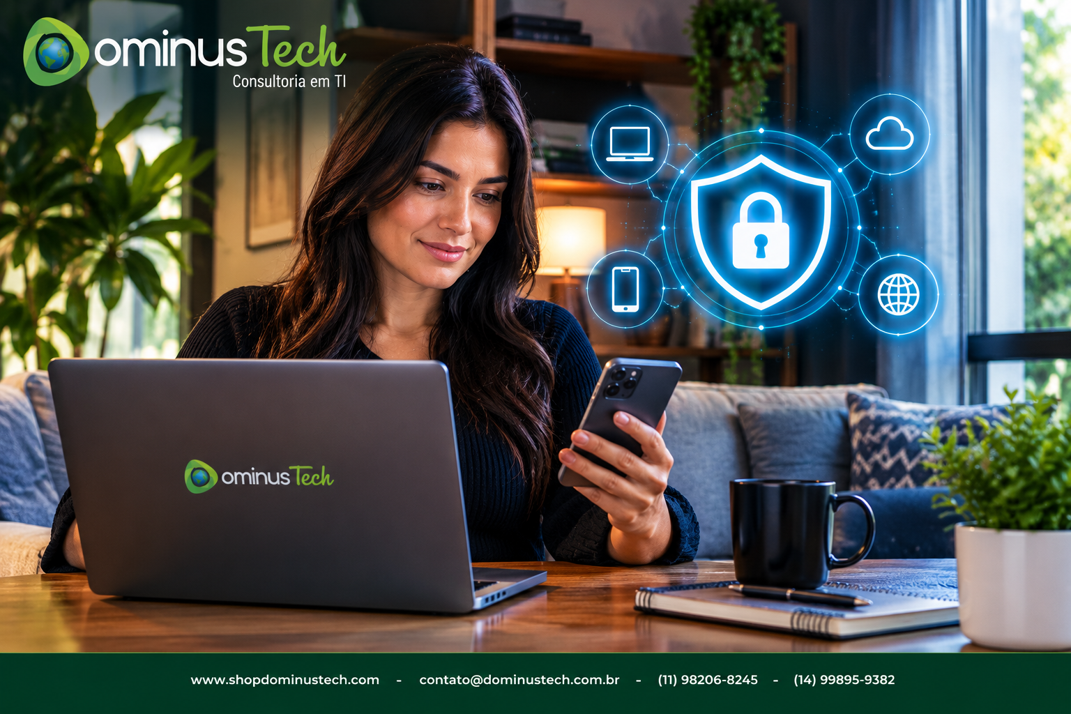 Mulher utilizando notebook e smartphone em ambiente doméstico moderno, com representação visual de proteção digital, privacidade e segurança de dispositivos conectados
