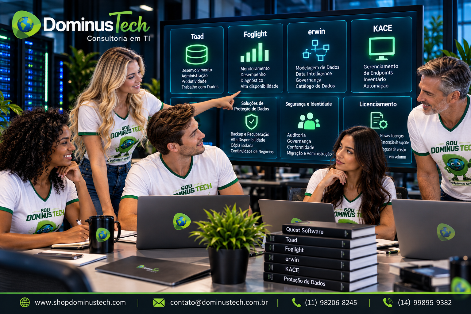 Equipe Dominus Tech avaliando licenciamento corporativo Quest Software, Toad para administração de bancos de dados, Foglight para monitoramento, erwin para modelagem e governança de dados, KACE para gerenciamento de endpoints e soluções de backup e proteção de dados.