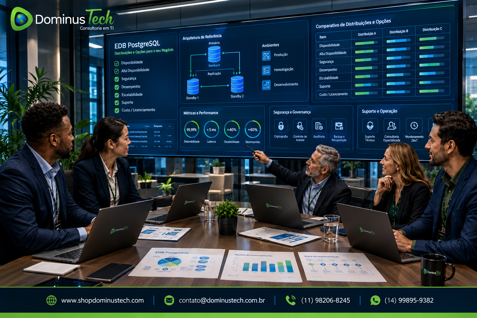 Reunião executiva da Dominus Tech analisando opções de distribuição PostgreSQL Enterprise, com requisitos de disponibilidade, alta disponibilidade, segurança, desempenho, escalabilidade, suporte e licenciamento