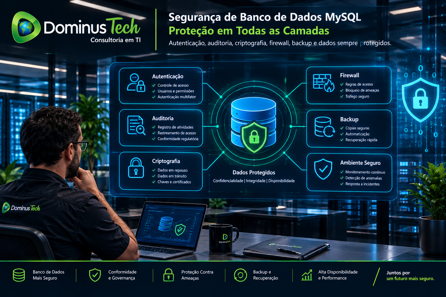 Painel conceitual de segurança de banco de dados MySQL com autenticação, auditoria, criptografia, firewall, backup e dados protegidos