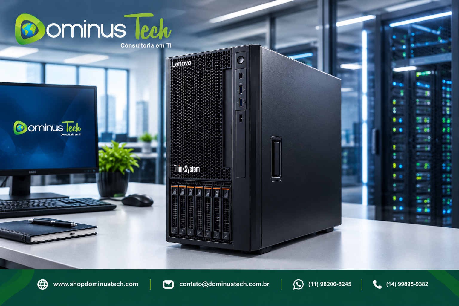 Servidor torre Lenovo ThinkSystem com vista frontal e lateral em ambiente corporativo, para infraestrutura de TI e data center