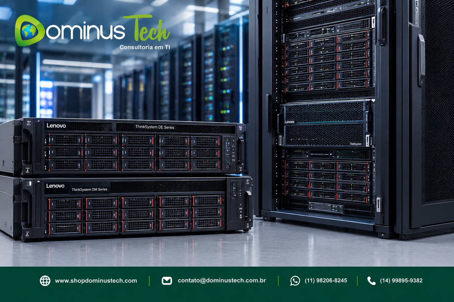 Soluções de storage Lenovo ThinkSystem DE Series e DM Series instaladas em ambiente de data center, com gavetas de discos e equipamentos de armazenamento corporativo