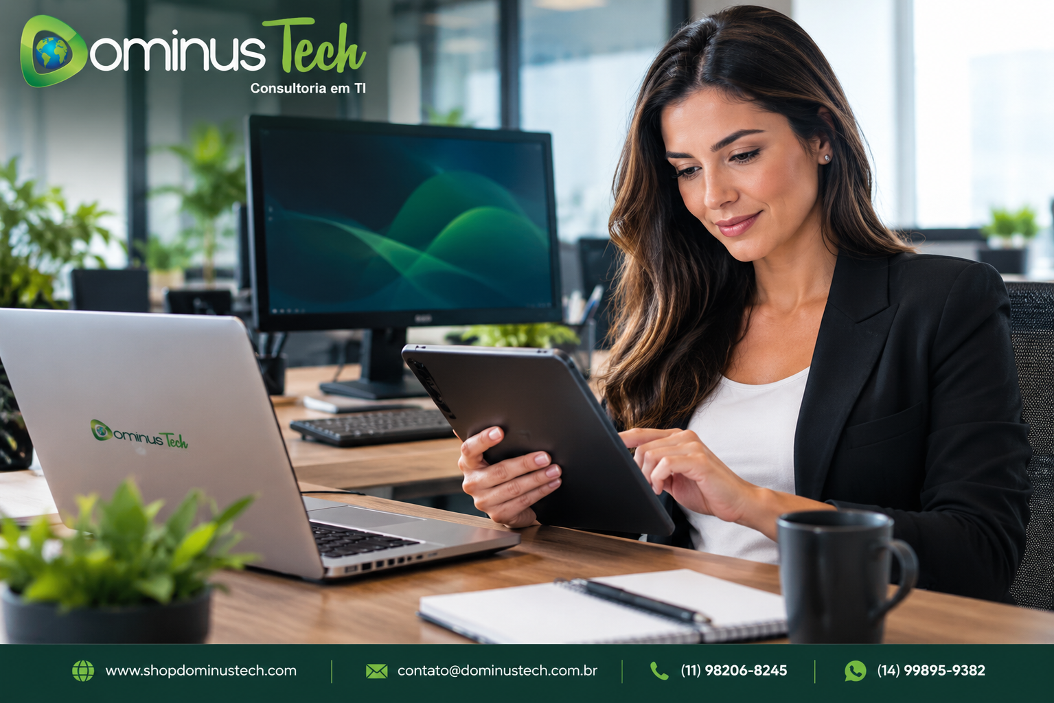 Profissional da Dominus Tech utilizando tablet em atendimento corporativo, com notebook e computador desktop ao fundo.
